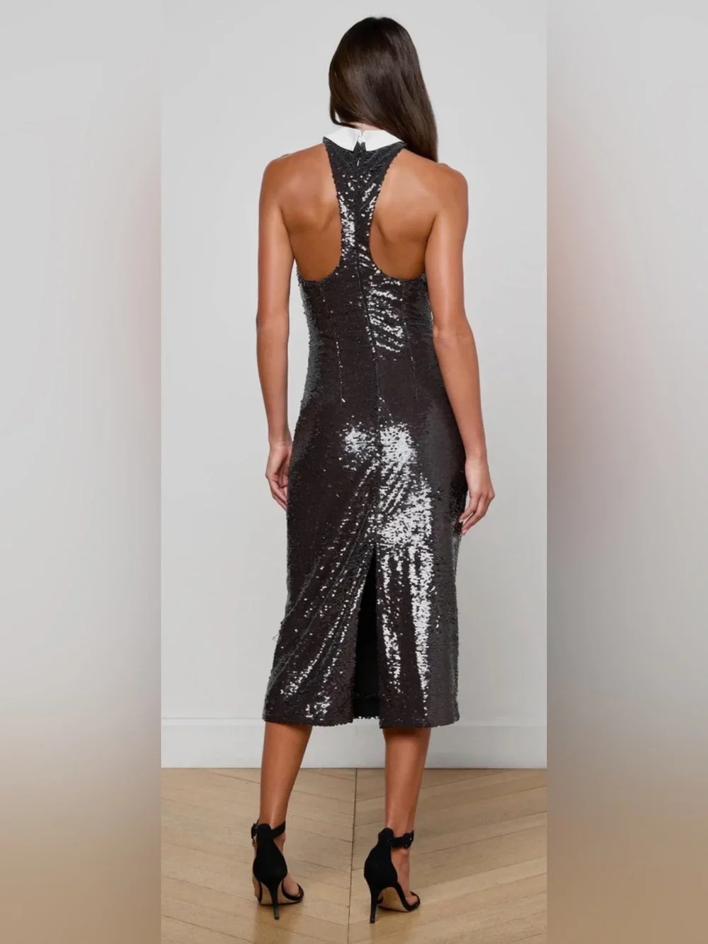 L’AGENCE Lilith Black Sequin Poplin  Midi Dress with White Collar – Size 00
